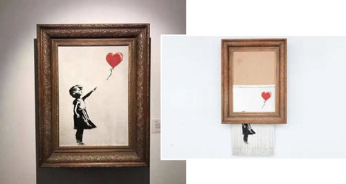 在拍卖当天被碎掉Banksy的作品《气球与女孩》（Balloon Girl）