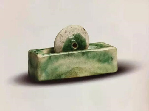 ▲白釉绿彩茶碾轮与碾槽 唐