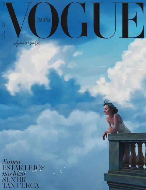 西班牙版VOGUE杂志2020年5月刊邀请艺术家 Ignasi Monreal 创作封面，他用 iPad Pro 绘制了模特依靠阳台栏杆的蓝天白云图，画面暗指了我们身处的现实，又表明了积极、平静的内涵