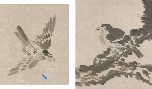 八大山人《枯木双禽》 作品局部