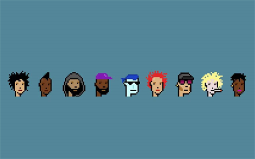 Larva Labs (2005)，《CryptoPunks》，2017年作，非同质化代币(jpg)。各24 x 24像素，共9个加密庞克头像。此作于2021年5月11日在佳士得纽约二十一世纪艺术晚间拍卖中以16,962,500美元成交