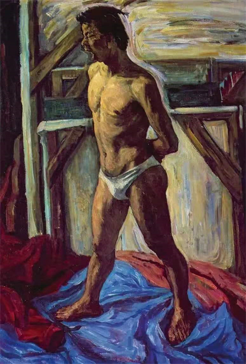 ▲刘小东，《打哈欠的男人体》，布面油画，180cm×130cm，1987