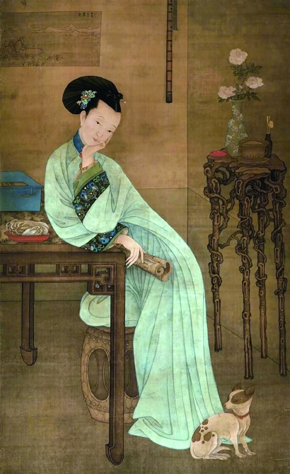 清冷枚《春闺倦读图》中的天缥色清新淡雅