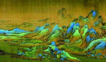 宋王希孟《千里江山图》中色彩雄奇瑰丽的山水