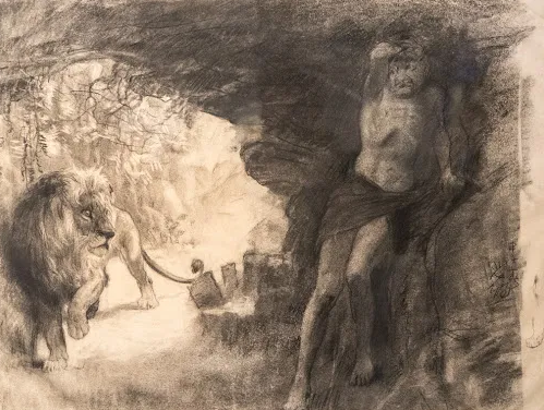 徐悲鸿（1895-1953） 《奴隶与狮》， 素描，47.5 x 63 cm.，1924年。北京徐悲鸿美术馆藏