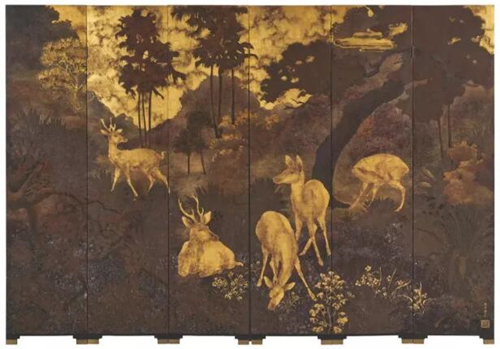 范厚（1903-1995）《山谷中的鹿群》，漆木板，每件：152 x 36 cm. (6)，总: 152 x 216 cm.，约1938年作。此拍品于2020年12月3日现代及当代艺术上午拍卖以3,750,000港元成交