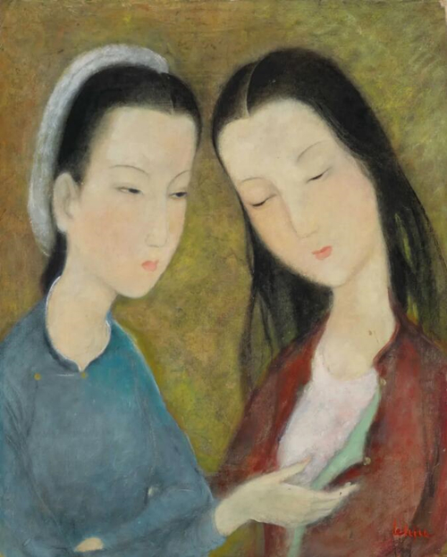 黎氏秋（1911-1988）《推心置腹》，水墨水粉绢布，41.5 x 33 cm.，约1938年作。此拍品于2019年11月24日二十世纪及当代艺术上午拍卖以2,500,000港元成交，刷新艺术家拍卖世界纪录
