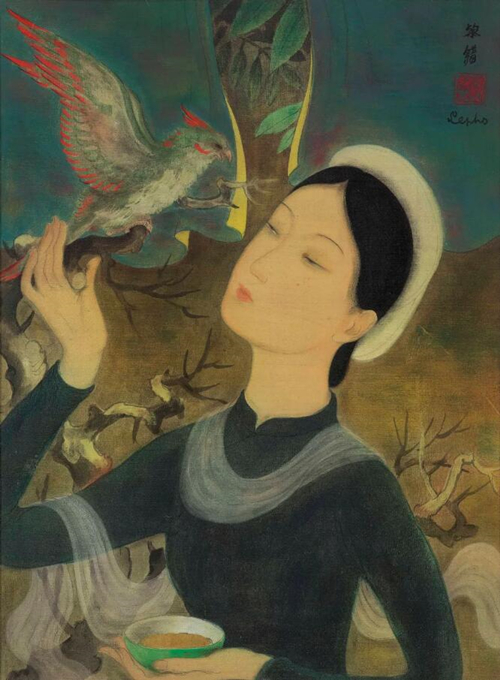 黎谱（1907-2001）《女子与鹦鹉》，水墨水粉绢本，38.5 x 28.5 cm.，约1938年作。此拍品于2020年7月10日现代及当代艺术晚间拍卖以4,925,000港元成交