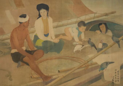 梁春尔（1914-2006）《渔夫和家人》，水墨粉彩绢布，67 x 110 cm.，1940年作。此拍品于2019年5月26日二十世纪及当代艺术上午拍卖以4,685,000港元成交