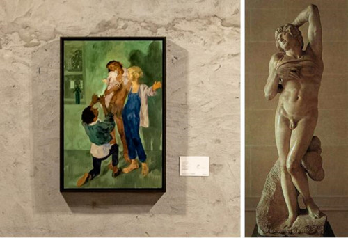 左：萨尔曼·图尔《三个男孩》于香港苏富比K11 MUSEA预展现场；右：米开朗基罗，《垂死的奴隶》，1545年