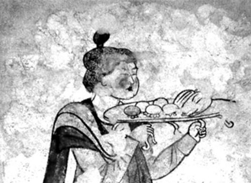 唐代房龄公主墓托果盘仕女图壁画