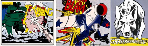 左起：《Live Ammo (Blang)》，1962年作，洛杉矶，布洛德博物馆；《Blam》，1962年作，纽黑文，耶鲁大学美术馆；《Grrrrrrrrrrr!!》，1965年作，纽约，古根海姆美术馆