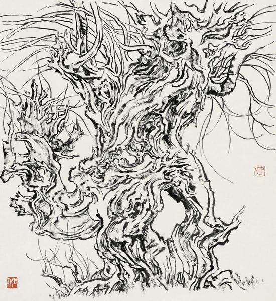 张仃《胡杨》 纸本焦墨 38厘米×35厘米 1981年