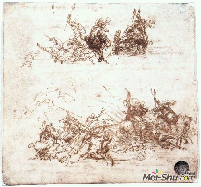 达芬奇笔记中骑兵和步兵的战斗草图 达芬奇