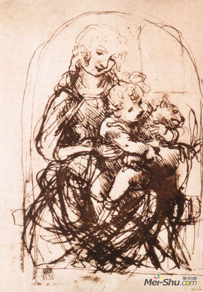 达芬奇圣母子和猫素描