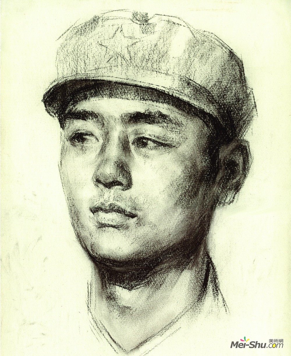 《解放军战士之二》37×25cm 1973年 素描纸 棕色炭精棒《青年铸工》