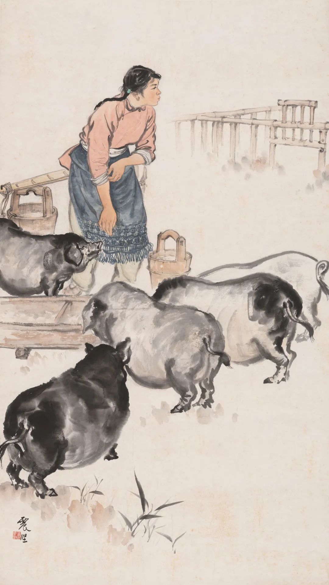 李震坚 养猪姑娘 128×72cm1958年 中国美术学院藏