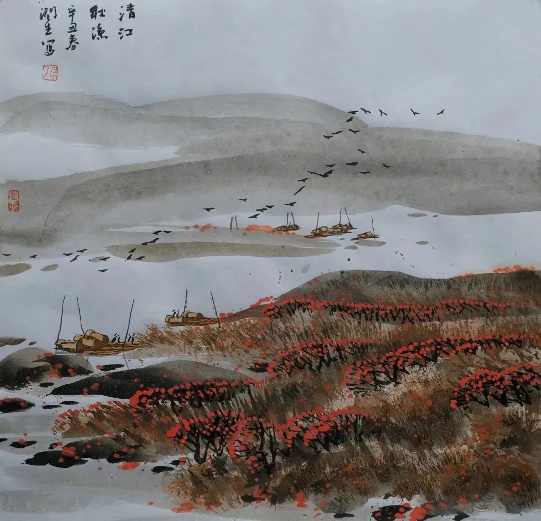 张润生作品《清江秋渔》47cm×47cm