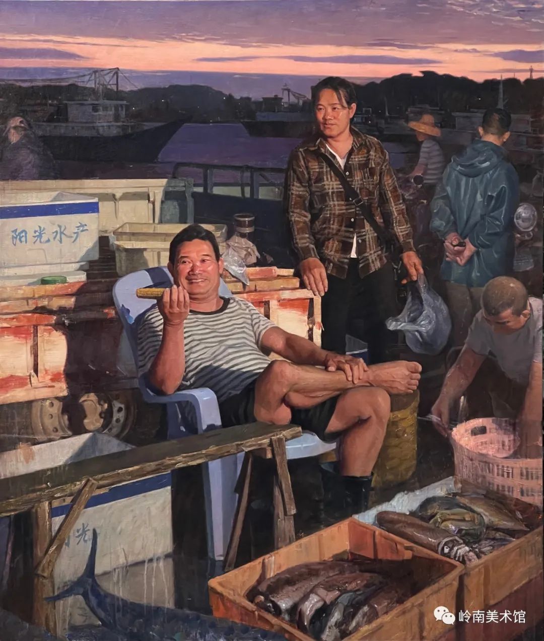 梁颢天《渔港晨光》油画 160X135cm