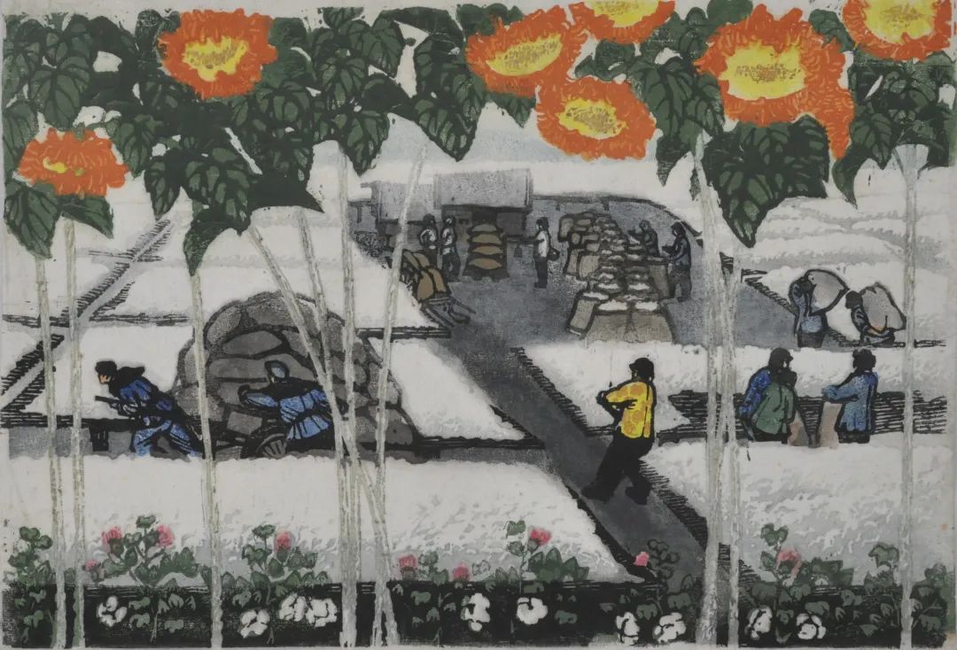 《棉花姑娘》1963年 30×45cm 水印木刻