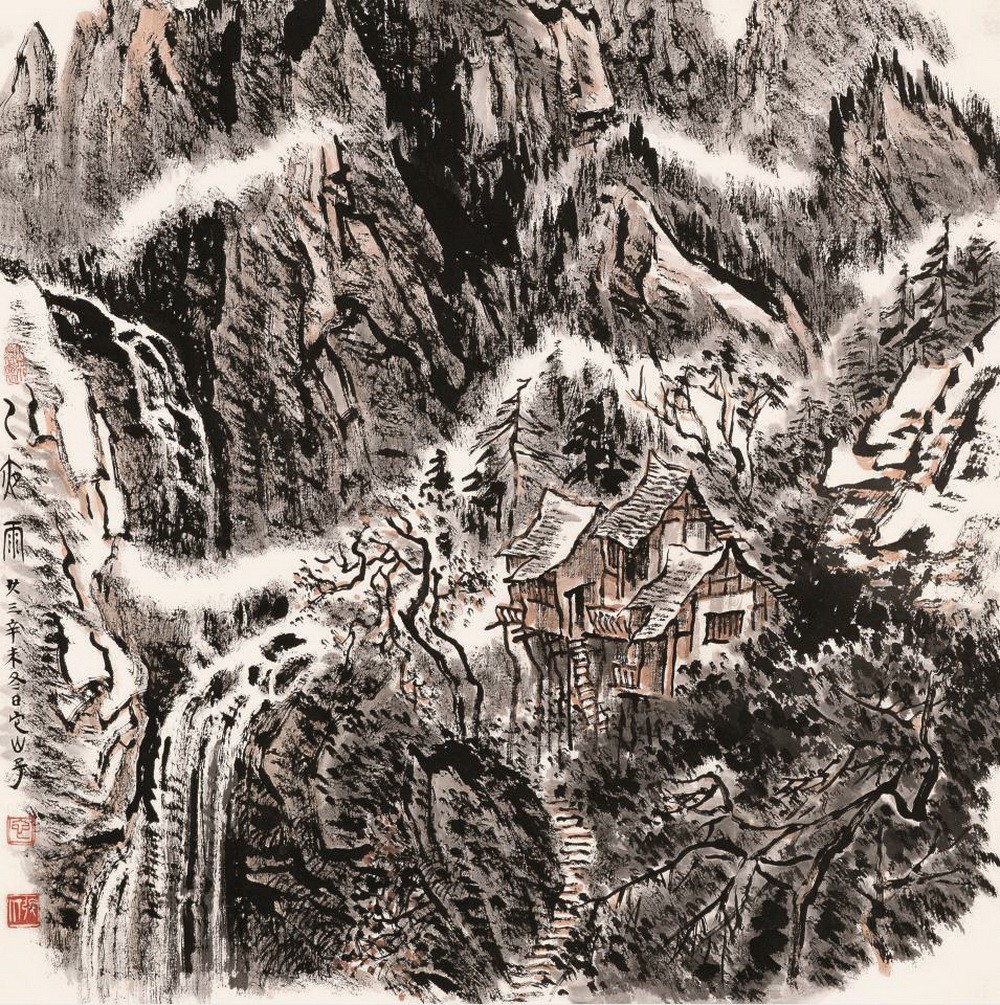 张仃《一夜雨》中国画  68cm×68cm  1991年.jpg