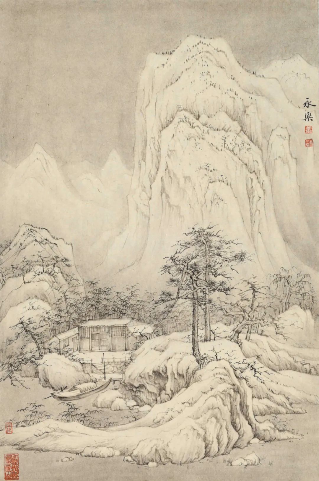 《渔村雪小景》70cmx48cm纸本设色2020年