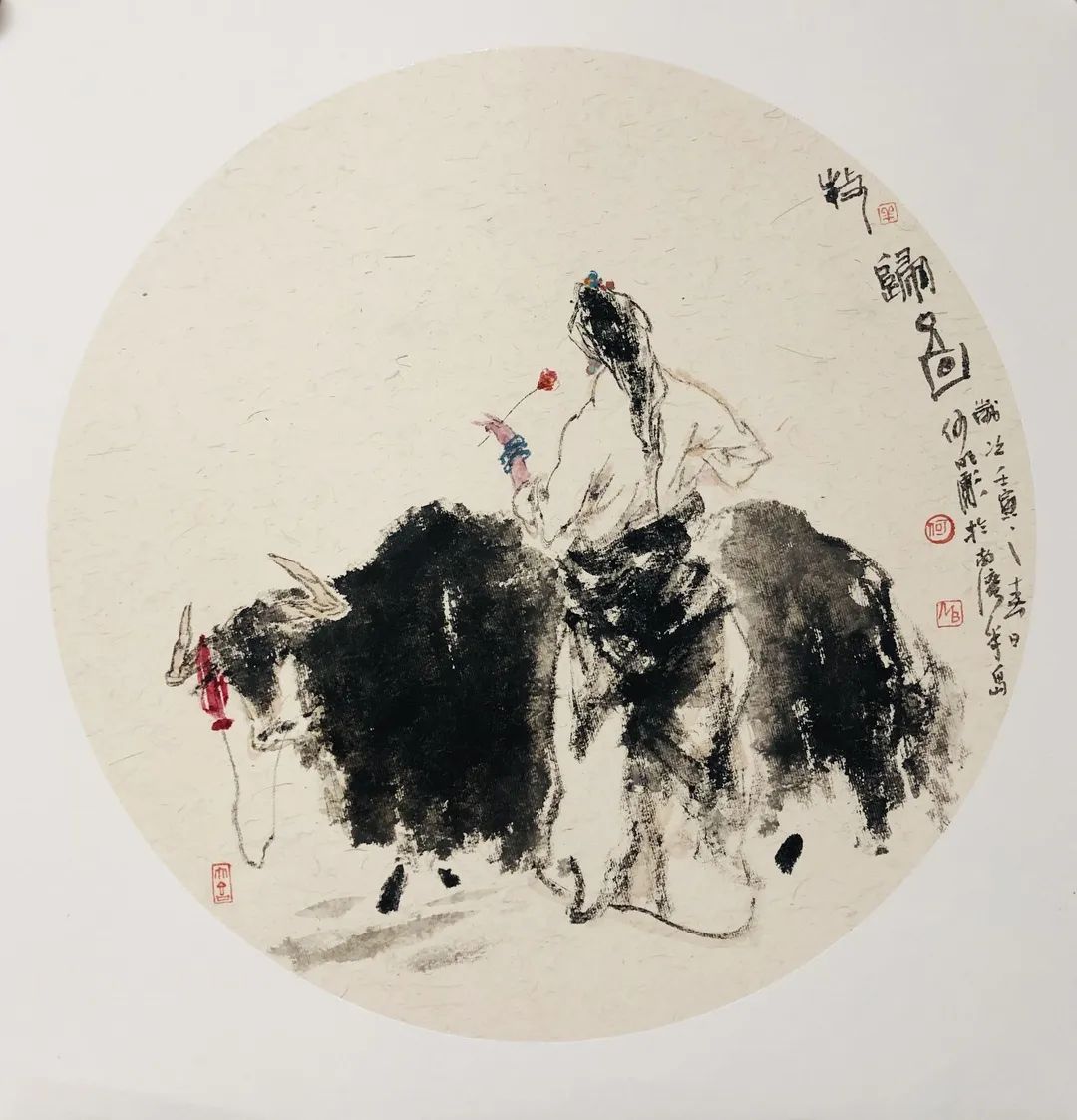 何明彪《牧归图》50X50cm