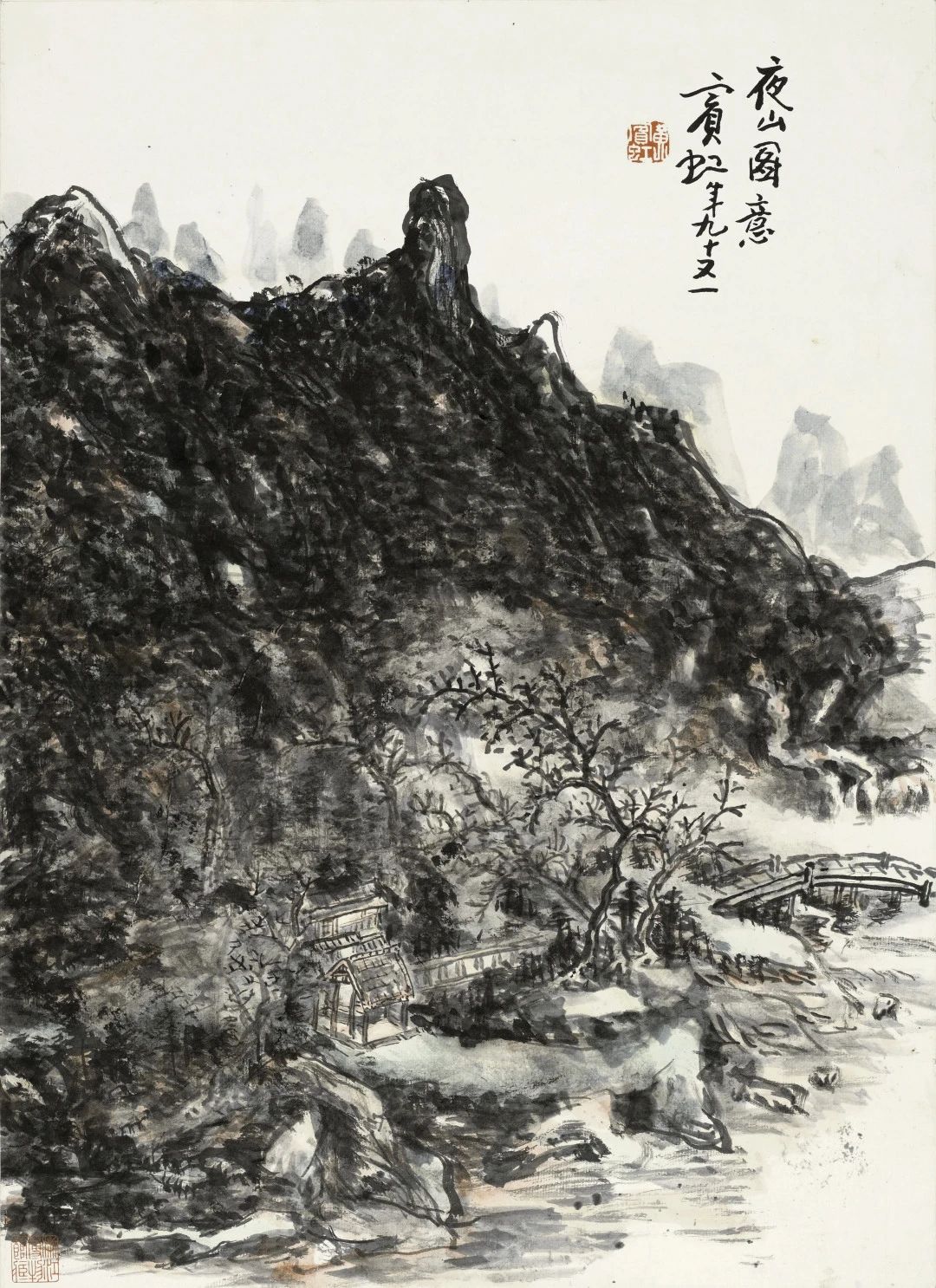 黄宾虹，《夜山图意》，纸本设色，纵51.4厘米，横37.1厘米，1954年，浙江省博物馆藏