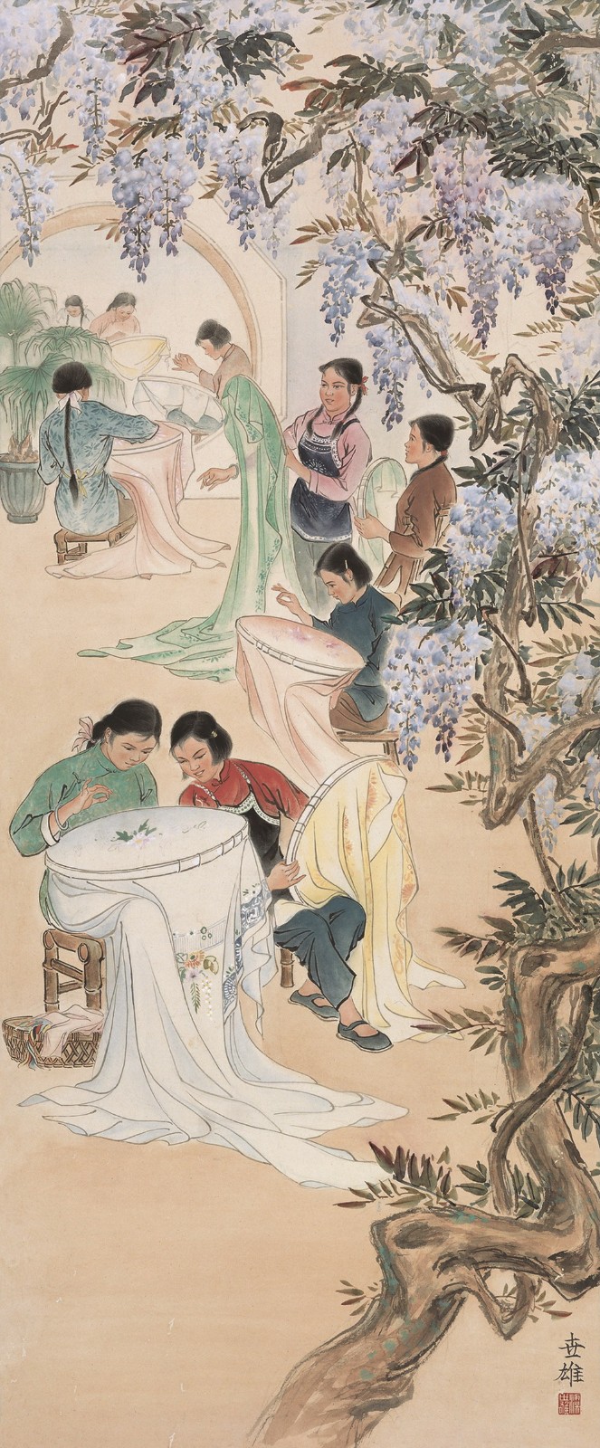 梁世雄作品《抽纱》162×67.5 cm 1959年(参加国庆十周年全国美术展览)