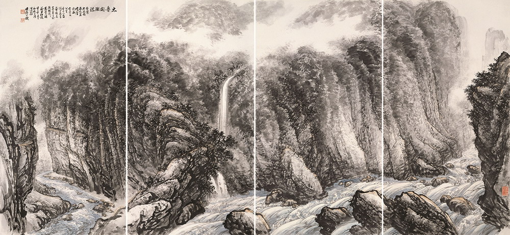 梁世雄作品《台湾太鲁阁激流》180×392cm 2002年